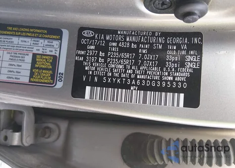 2013 Kia Sorento Lx from USA, damaged, VIN 5XYKT3A63DG395330